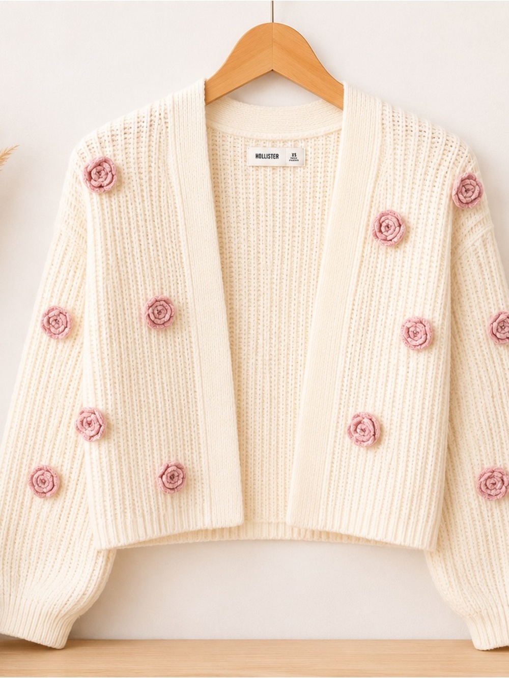 Hollister Cream Cardigan with Pink Floral Applique